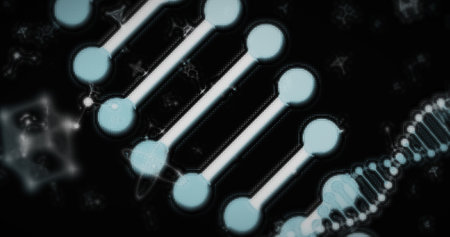 Image of digital 3d blue and white double helix DNA strands spinning and molecules atoms moving on...
