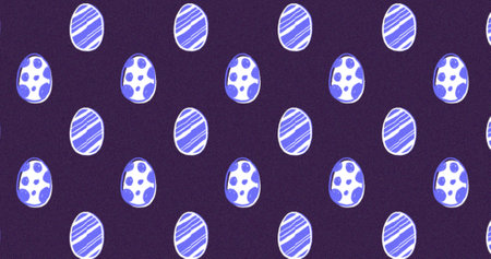 Image of multiple rows of patterned white and purple Easter eggs moving in formation in seamless loop on dark purple background. Easter celebration tradition concept digitally generated image. 4kの写真素材