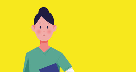 Image of pictogram of group of people wearing masks on yellow background. Social distancing and self isolation during Covid 19 coronavirus pandemic concept digitally generated image.の写真素材