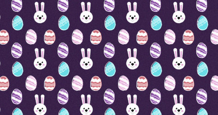 Image of multiple rows of patterned white and turquoise easter eggs and smiling white easter bunnies moving in formation in seamless loop on purple background. easter celebration traditionの写真素材