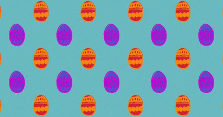 Image of multiple rows of patterned red, purple and orange Easter eggs moving in formation in seamless loop on turquoise background. Easter celebration tradition concept digitally generated image. 4kの写真素材