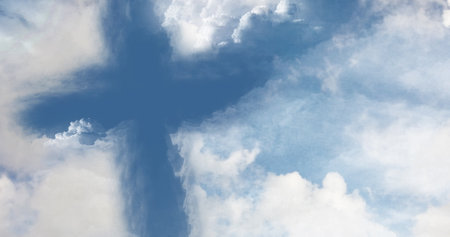 Image of silhouette of Christian cross formed with white clouds over clouds moving against blue sky in the background. Easter religion faith concept digitally generated image. 4kの写真素材
