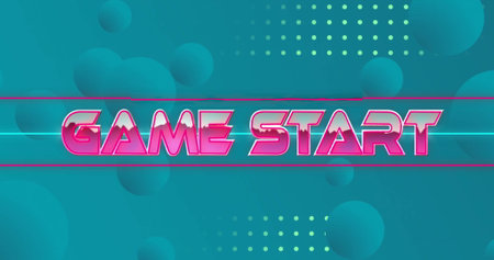 Image of game start text over blue shapes. Retro, social media and digital interface concept,...