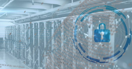 Image of scope scanning with padlock icon over server room. Global technology, computing, online...