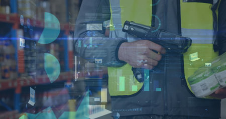 Image of statistics and financial data processing over man working in warehouse. global shipping and connections concept digitally generated image.の写真素材