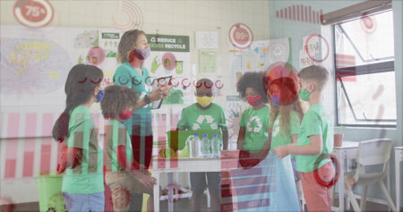 Coronavirus statistical data processing against female teacher and students planning a recycling...