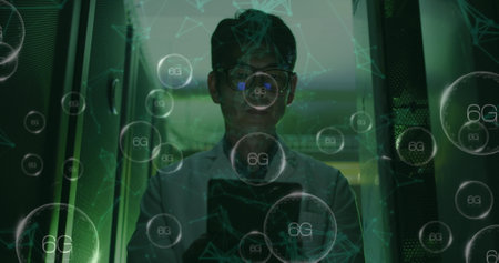Image of falling icons and network of connections over biracial male server room worker. Cloud computing concept concept digitally generated image.の写真素材