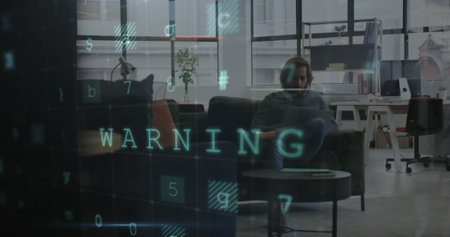 Image of hacking texts over caucasian businessman using smartphone. global networks, business, data processing and digital interface concept digitally generated image.の写真素材