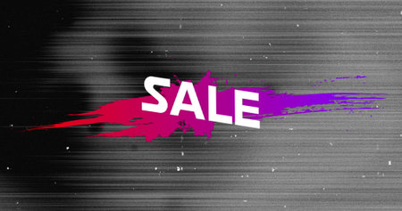 Image of sale text in white over pink to purple paint splash on grey flickering background. retail, savings and shopping concept digitally generated image.の写真素材