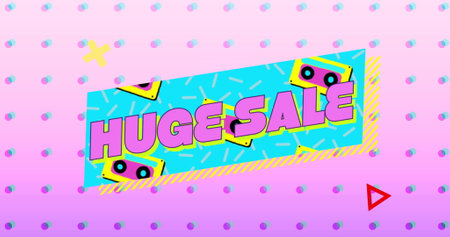 Image of the words Huge Sale in pink letters on a turquoise banner with moving graphic and shapes on a pink background with dots 4kの写真素材