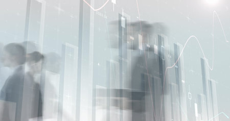 Image of fast walking people with financial data and graphs in the background 4k