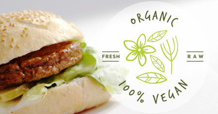 Animation of vegan food text over vegan burger on wooden board. Vegan food, organic fresh food, and sustainability concept digitally generated video.の写真素材