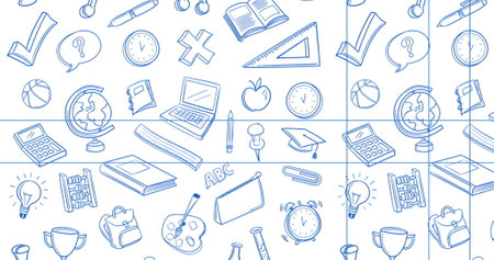 Image of back to school text on board over school items icons. education, development and learning concept digitally generated image.の写真素材