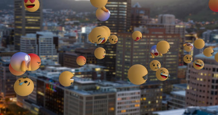 Image of emoji icons flying over cityscape in the evening 4k