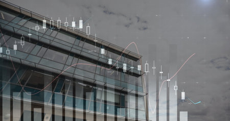 Digital image of graphs moving in the screen and background of a building 4k