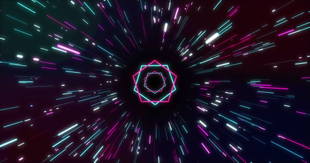 Composition of spiral of green and pink pentagons and light trails on black background. Colour and...