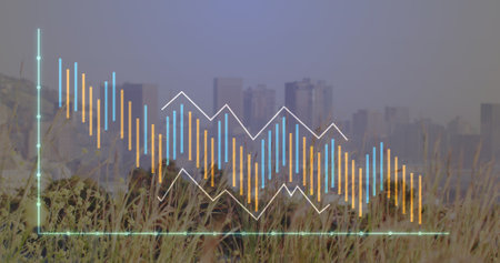 Image of graphs over cityscape. Global network, connections, communication, data processing, finance and technology concept digitally generated image.の写真素材