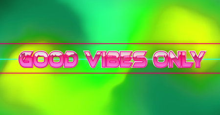 Image of text good vibes only in pink, over bright green and yellow background. positive feelings, celebration and wellbeing concept, digitally generated image.の写真素材