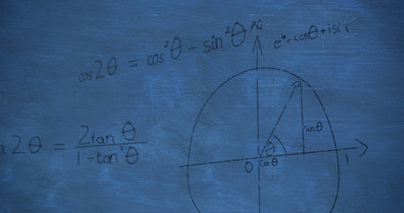 Image of handwritten mathematical calculations in black floating over a chalkboard background 4kの写真素材