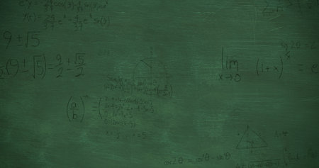 Image of handwritten mathematical calculations in black floating over a green chalkboard background...