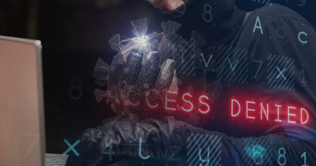 Digital illustration of a macro Covid-19 cell with red words Access Denied over Caucasian man...