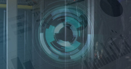 Image of scope scanning and data processing over server room. Global business and digital interface concept digitally generated image.の写真素材