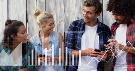 Image of data processing over diverse friends using smartphones. Global business, finances and...