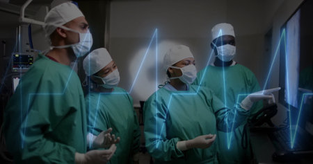 Image of data processing over diverse surgeons in hospital. Global medicine, healthcare, connections, computing and data processing concept digitally generated image.の写真素材