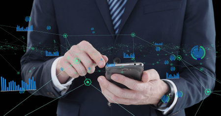 Image of network of connections over caucasian businessman using smartphone. Global business, finances and digital interface concept digitally generated image.の写真素材