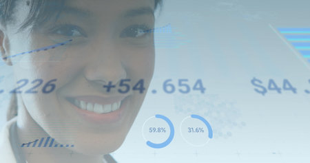 Image of data processing and statistics over female doctor with stethoscope. medicine, digital interface and data processing concept digitally generated image.の写真素材