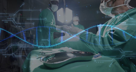 Image of dna strand over diverse surgeons in hospital. Global medicine, healthcare, connections, computing and data processing concept digitally generated image.の写真素材