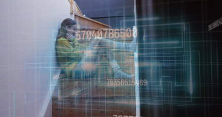 Image of data processing over biracial woman using smartphone. Global business, finances and digital...