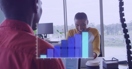 Image of data processing over african american business people in office. Global business, finances...