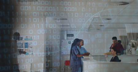 Image of dna strand and binary coding data processing over diverse doctors in hospital. Global medicine, healthcare, connections, computing and data processing concept digitally generated image.の写真素材