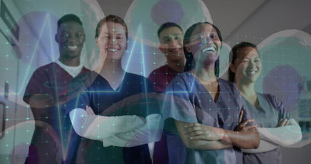 Image of data processing over diverse doctors in hospital. Global medicine, healthcare, connections, computing and data processing concept digitally generated image.の写真素材