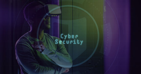 Image of padlock over african american male server room worker. Cloud computing concept concept digitally generated image.の写真素材