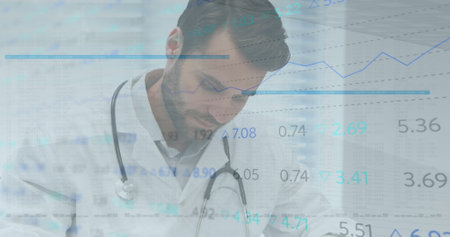 Image of data processing and statistics over male doctor with stethoscope. medicine, digital...