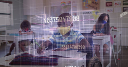 Multiple increasing numbers and light trails against boy wearing face mask studying at school....