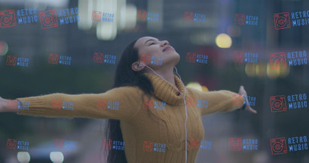 Image of retro music texts over biracial woman using earphones. Global business, finances and digital interface concept digitally generated image.の写真素材