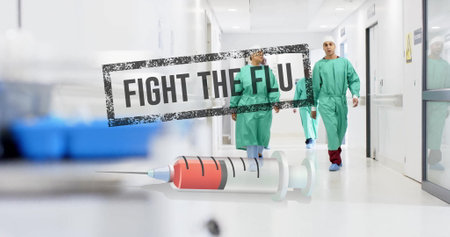 Image of fight the flue text and syringe over diverse surgeons in hospital. Global medicine, healthcare, connections, computing and data processing concept digitally generated image.の写真素材