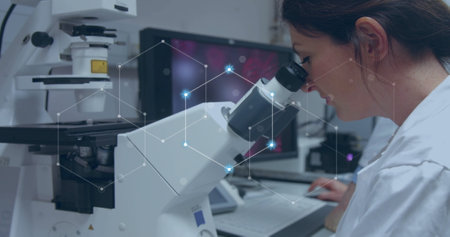 Image of network of connections over caucasian female scientist working in lab. Global science,...