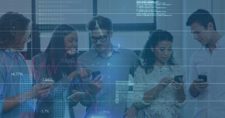 Image of data processing over diverse business people in office. Global business and digital...