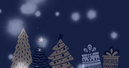 Image of light spots over christmas trees and presents on blue background. christmas tradition and celebration concept digitally generated image.の写真素材