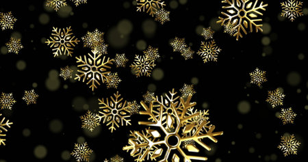 Image of golden snowflakes of various sizes floating against dark background. soft glows and smaller particles enhancing festive atmosphere, creating a warm, inviting sceneの写真素材