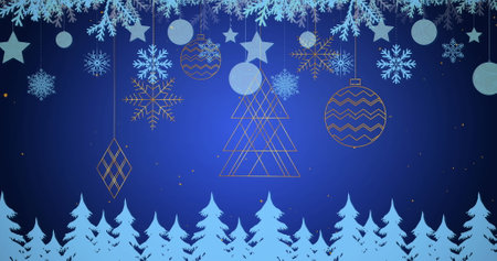 Image of baubles over snow falling and fir trees on blue background. christmas, tradition and celebration concept digitally generated image.の写真素材