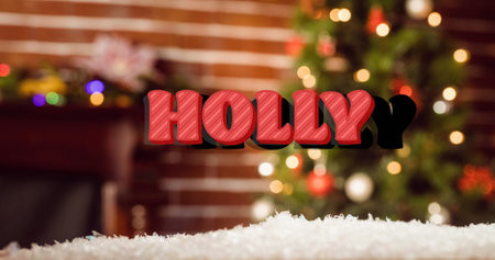 Image of christmas greetings text over christmas tree decorations. Christmas, tradition, celebration and festivity concept digitally generated image.の写真素材