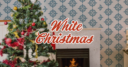 Image of christmas greetings text over christmas tree decorations. Christmas, tradition, celebration and festivity concept digitally generated image.の写真素材