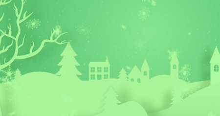 Image of snow falling over winter landscape on green background. Christmas, tradition and celebration concept digitally generated image.の写真素材