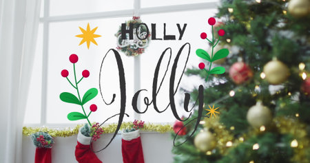 Image of holly jolly text over christmas tree. Christmas, tradition and celebration concept digitally generated image.の写真素材