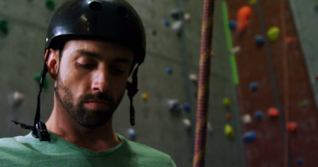 Close-up of man tying the rope at bouldering gym 4kの写真素材